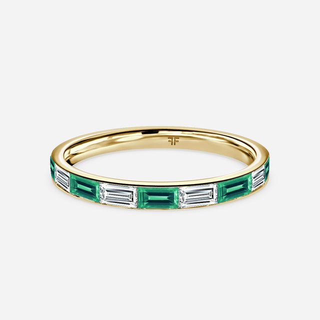 Baguette Cut Emerald And Diamond Wedding Ring In Yellow Gold