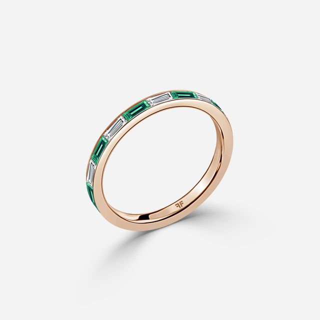Baguette Cut Emerald And Diamond Wedding Ring In Rose Gold