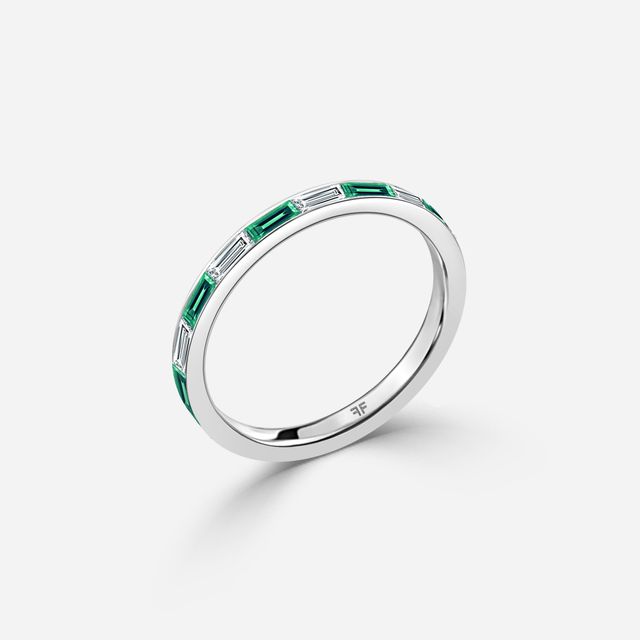 Baguette Cut Emerald And Diamond Wedding Ring In White Gold