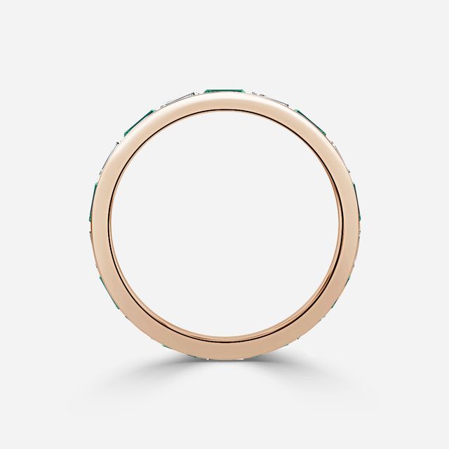Baguette Cut Emerald And Diamond Wedding Ring In Rose Gold