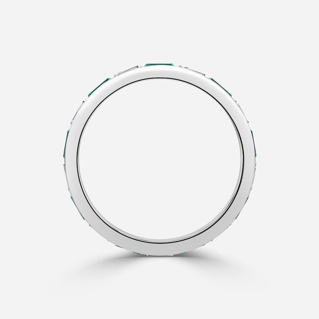 Baguette Cut Emerald And Diamond Wedding Ring In White Gold