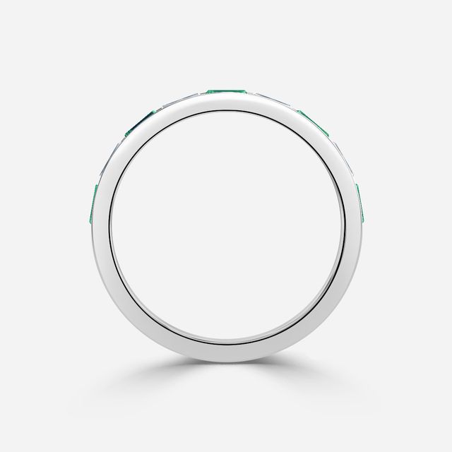 Green Emerald And Baguette Diamond White Gold Wedding Ring