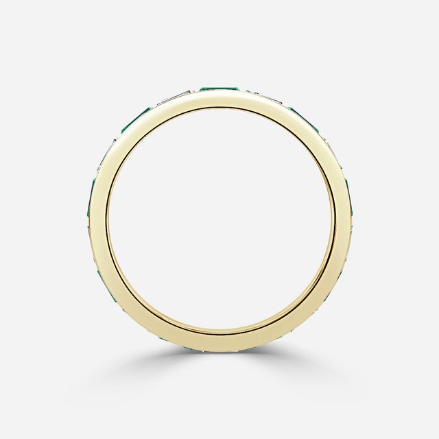 Baguette Cut Emerald And Diamond Wedding Ring In Yellow Gold