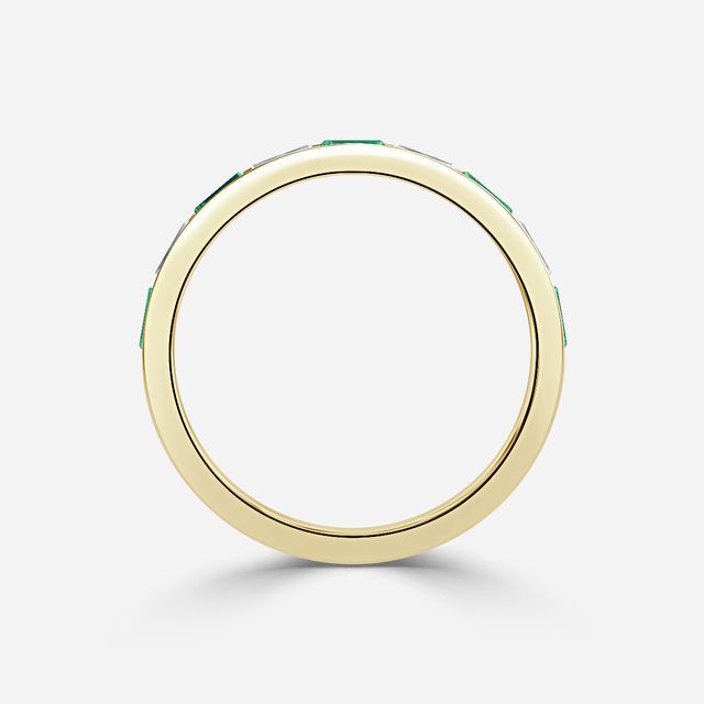 Green Emerald And Baguette Diamond Yellow Gold Wedding Ring