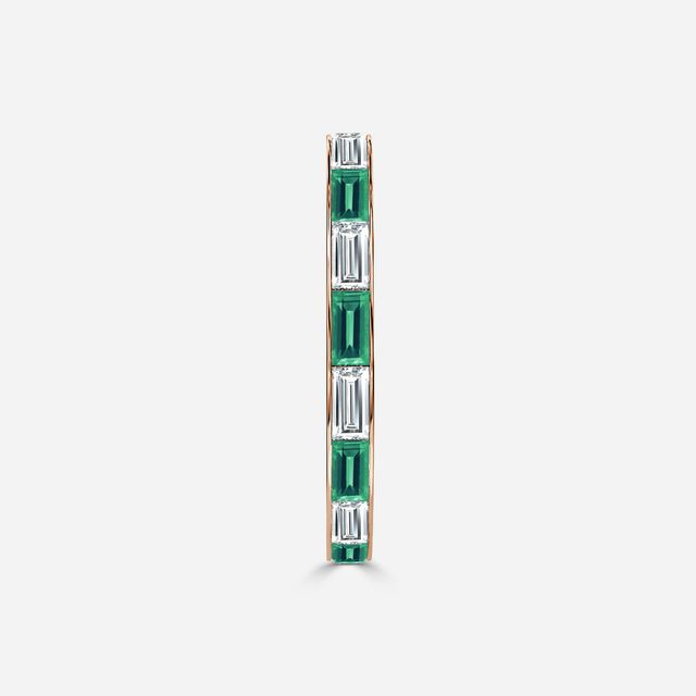 Baguette Cut Emerald And Diamond Wedding Ring In Rose Gold