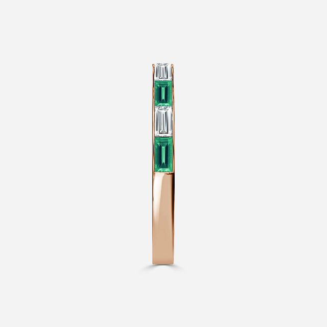 Green Emerald And Baguette Diamond Rose Gold Wedding Ring