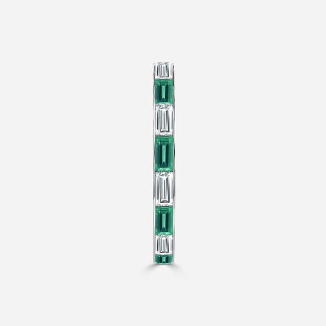 Baguette Cut Emerald And Diamond Wedding Ring In White Gold