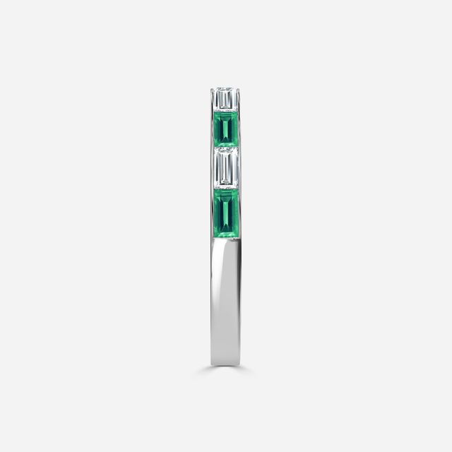 Green Emerald And Baguette Diamond White Gold Wedding Ring
