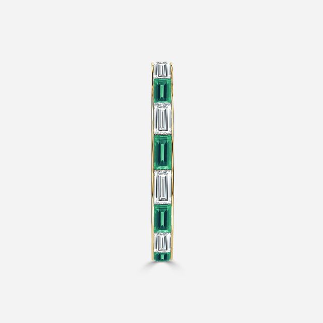 Baguette Cut Emerald And Diamond Wedding Ring In Yellow Gold