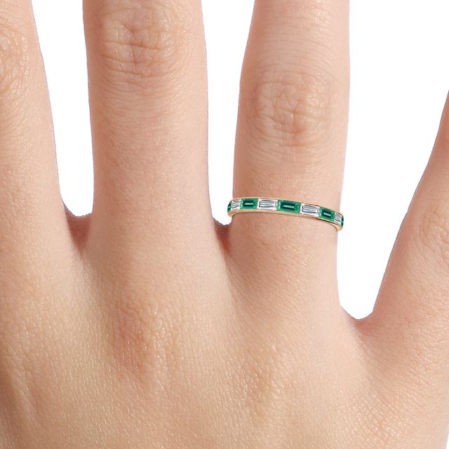 Green Emerald And Baguette Diamond Rose Gold Wedding Ring