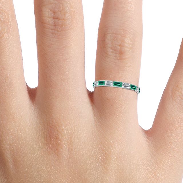 Green Emerald And Baguette Diamond White Gold Wedding Ring