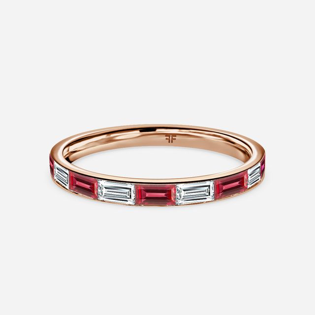 Baguette Cut Ruby And Diamond Wedding Ring In Rose Gold