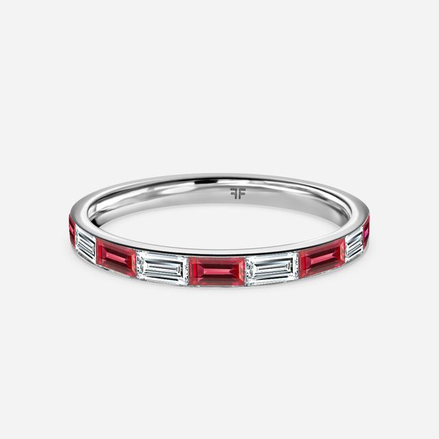Baguette Cut Ruby And Diamond Wedding Ring In White Gold