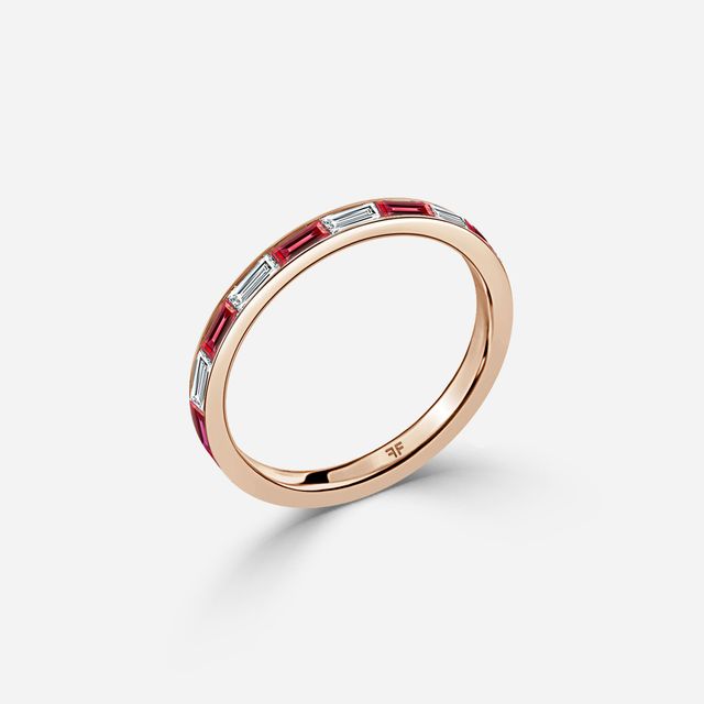 Baguette Cut Ruby And Diamond Wedding Ring In Rose Gold