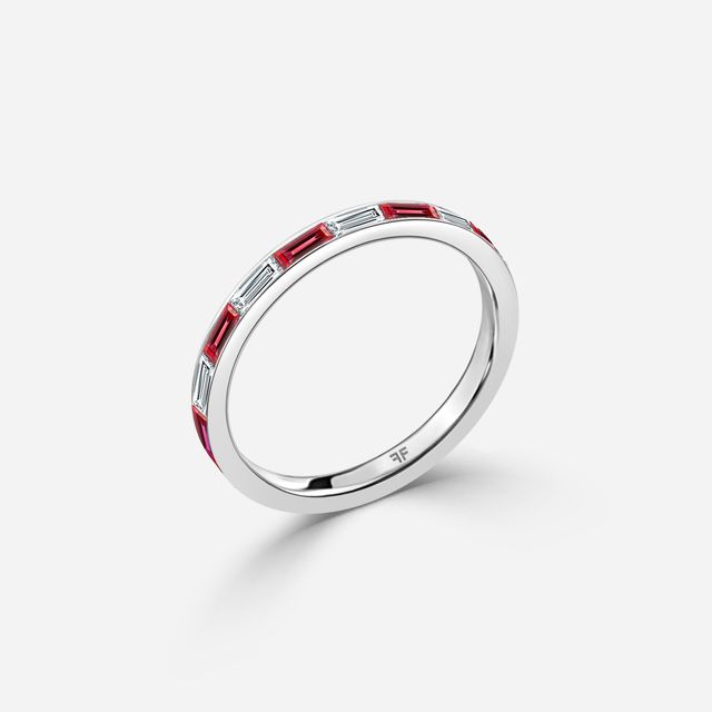 Baguette Cut Ruby And Diamond Wedding Ring In White Gold
