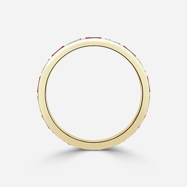 Baguette Cut Ruby And Diamond Wedding Ring In Yellow Gold