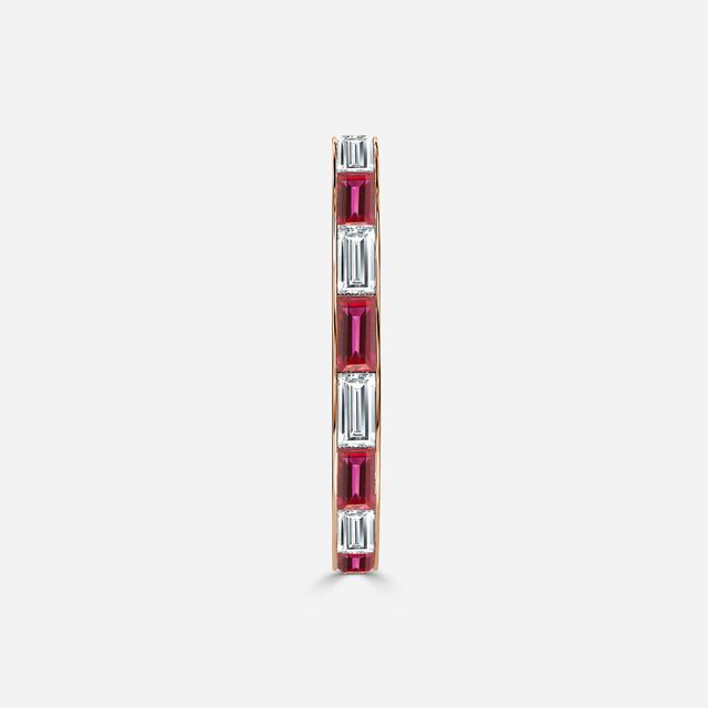 Baguette Cut Ruby And Diamond Wedding Ring In Rose Gold