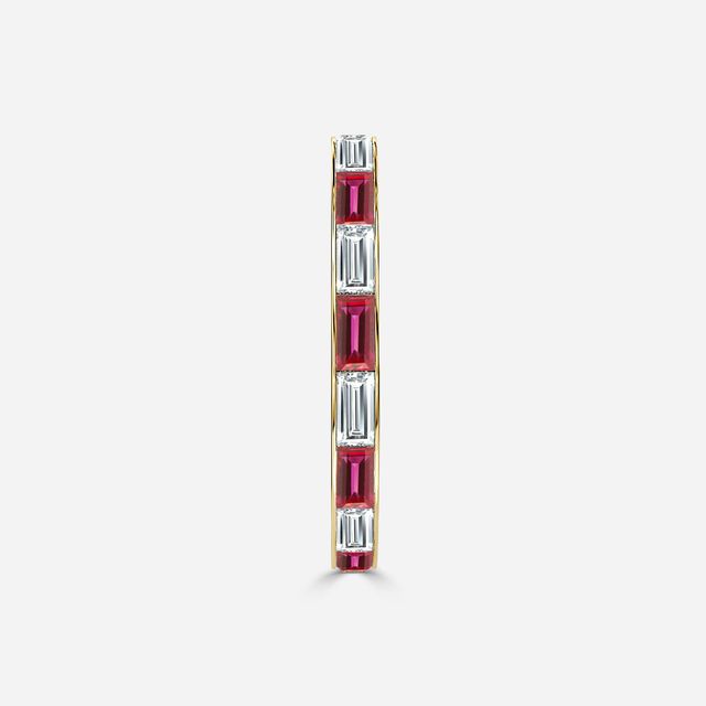 Baguette Cut Ruby And Diamond Wedding Ring In Yellow Gold