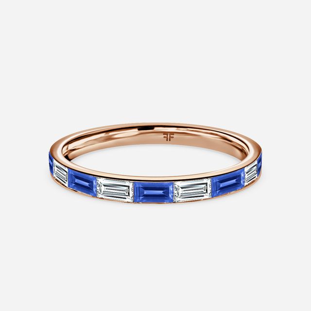 Baguette Cut Sapphire And Diamond Wedding Ring In Rose Gold