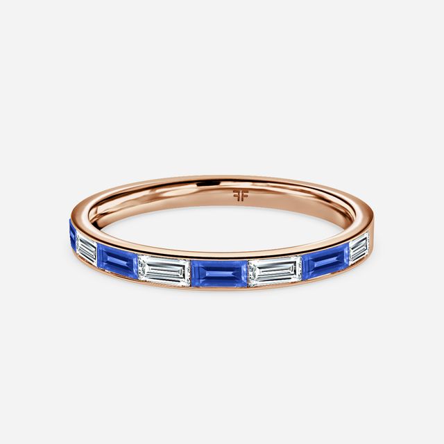 Blue Sapphire And Baguette Diamond Rose Gold Wedding Ring