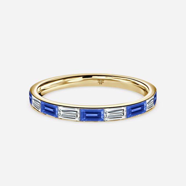 Baguette Cut Sapphire And Diamond Wedding Ring In Yellow Gold