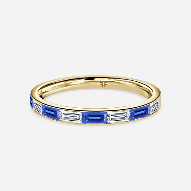 Blue Sapphire And Baguette Diamond Yellow Gold Wedding Ring
