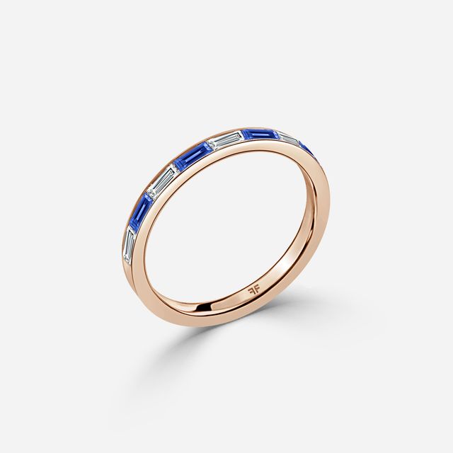 Blue Sapphire And Baguette Diamond Rose Gold Wedding Ring