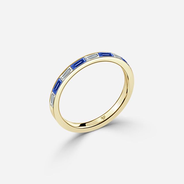 Blue Sapphire And Baguette Diamond Yellow Gold Wedding Ring