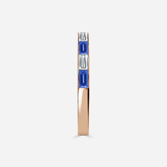 Blue Sapphire And Baguette Diamond Rose Gold Wedding Ring