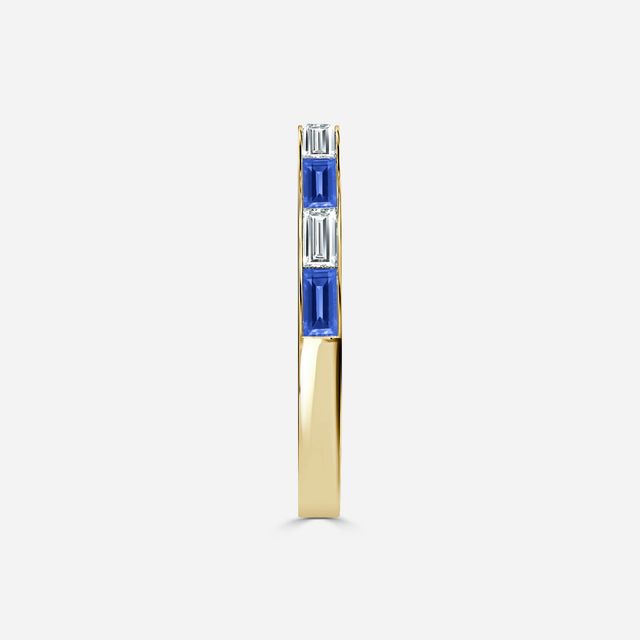 Blue Sapphire And Baguette Diamond Yellow Gold Wedding Ring