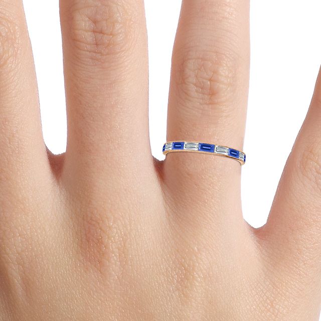 Blue Sapphire And Baguette Diamond Rose Gold Wedding Ring