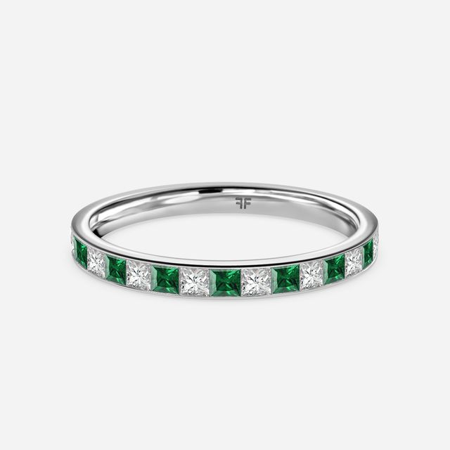 Princess Cut Emerald And Diamond Wedding Ring In White Gold
