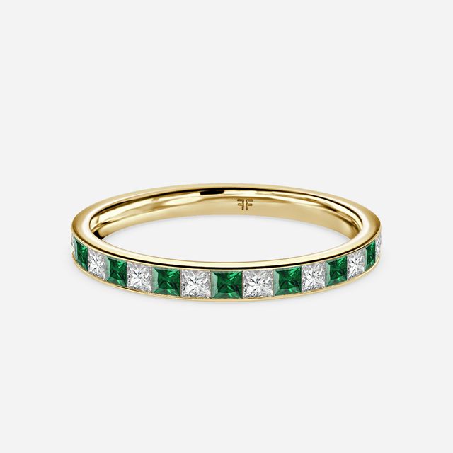 Princess Cut Emerald And Diamond Wedding Ring In Yellow Gold