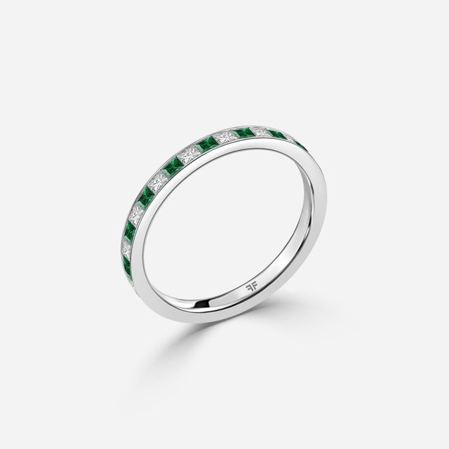 Princess Cut Emerald And Diamond Wedding Ring In White Gold