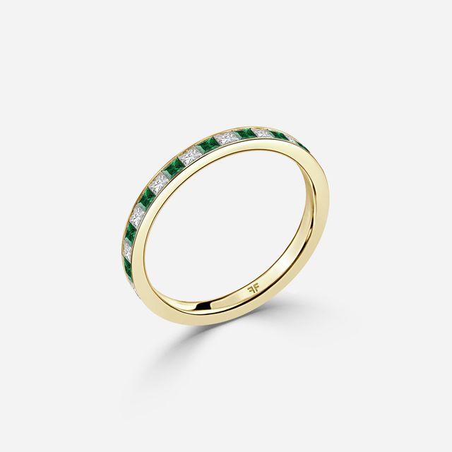 Princess Cut Emerald And Diamond Wedding Ring In Yellow Gold