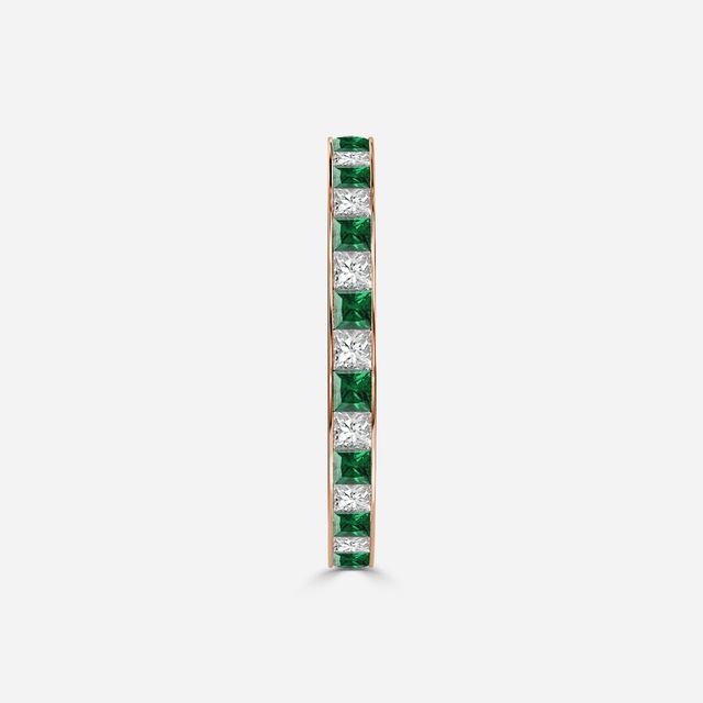 Princess Cut Emerald And Diamond Wedding Ring In Rose Gold