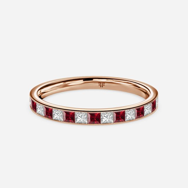 Princess Cut Ruby And Diamond Wedding Ring In Rose Gold