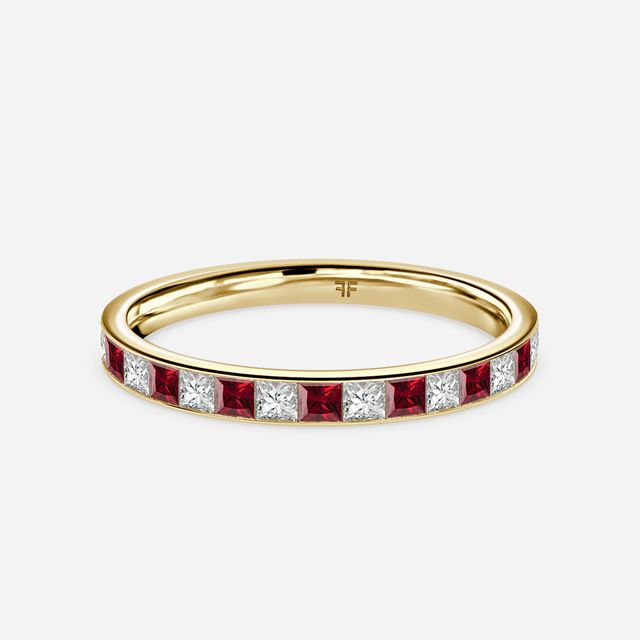 Princess Cut Ruby And Diamond Wedding Ring In Yellow Gold