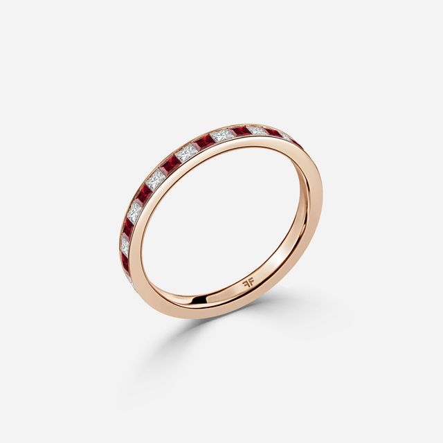 Princess Cut Ruby And Diamond Wedding Ring In Rose Gold