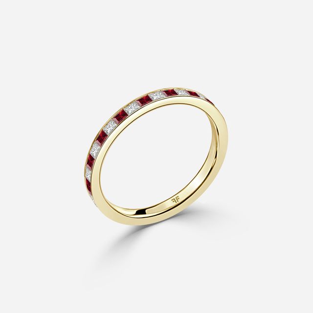 Princess Cut Ruby And Diamond Wedding Ring In Yellow Gold