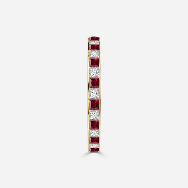 Princess Cut Ruby And Diamond Wedding Ring In Yellow Gold