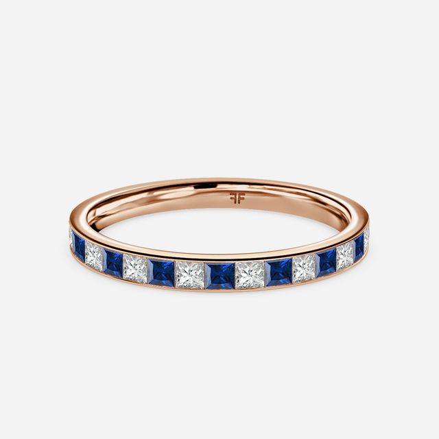 Princess Cut Sapphire And Diamond Wedding Ring Rose Gold