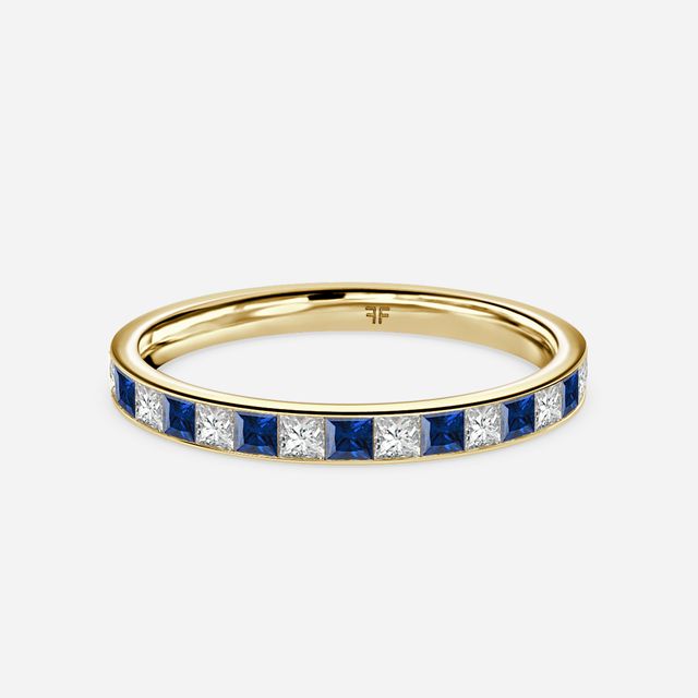 Princess Cut Sapphire And Diamond Wedding Ring In Yellow Gold