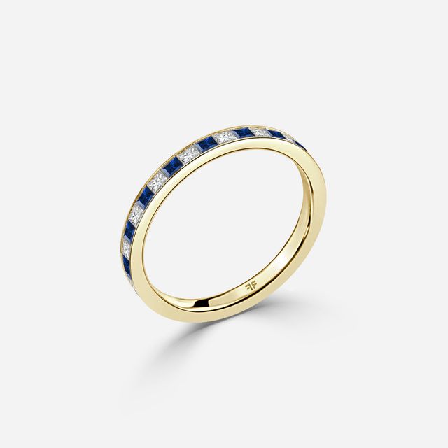 Princess Cut Sapphire And Diamond Wedding Ring In Yellow Gold