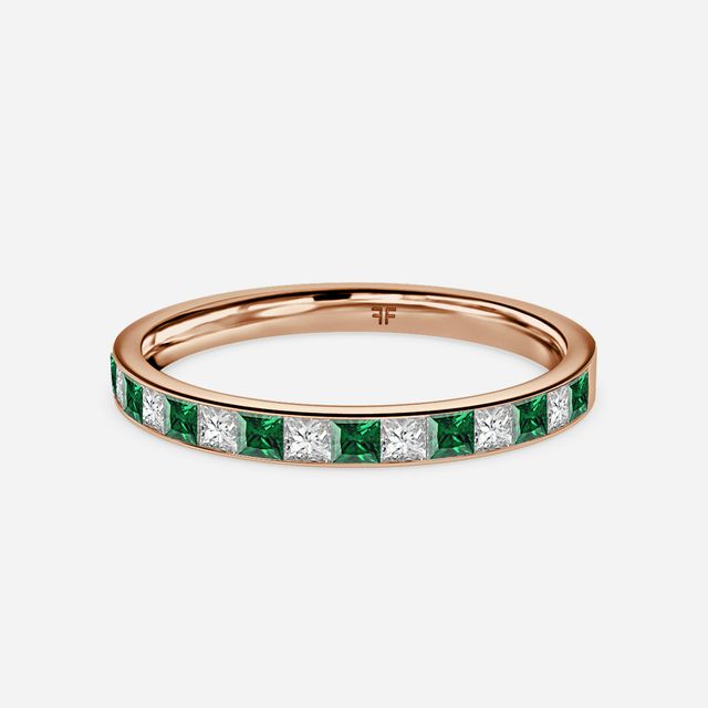Princess Cut Emerald And Diamond Rose Gold Wedding Ring