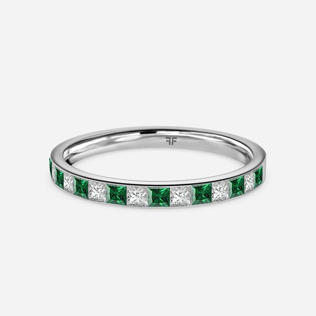 Princess Cut Emerald And Diamond White Gold Wedding Ring