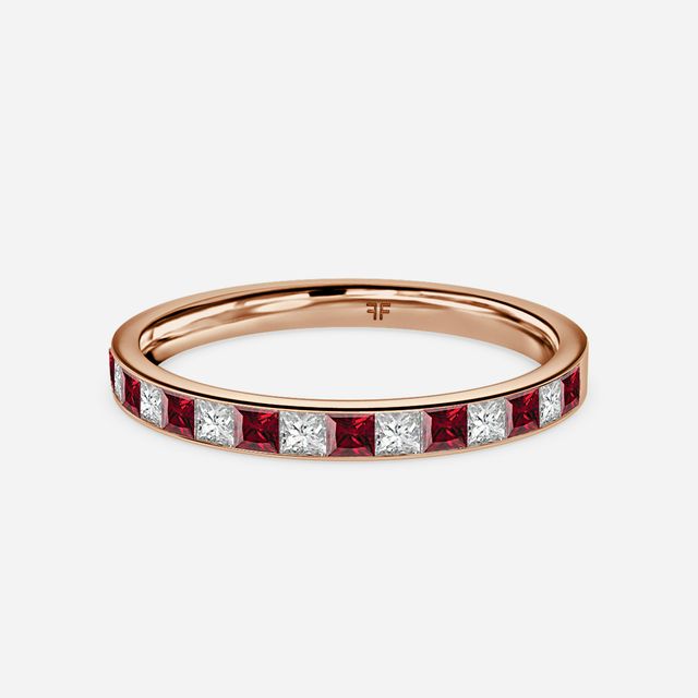 Princess Cut Ruby And Diamond Rose Gold Wedding Ring