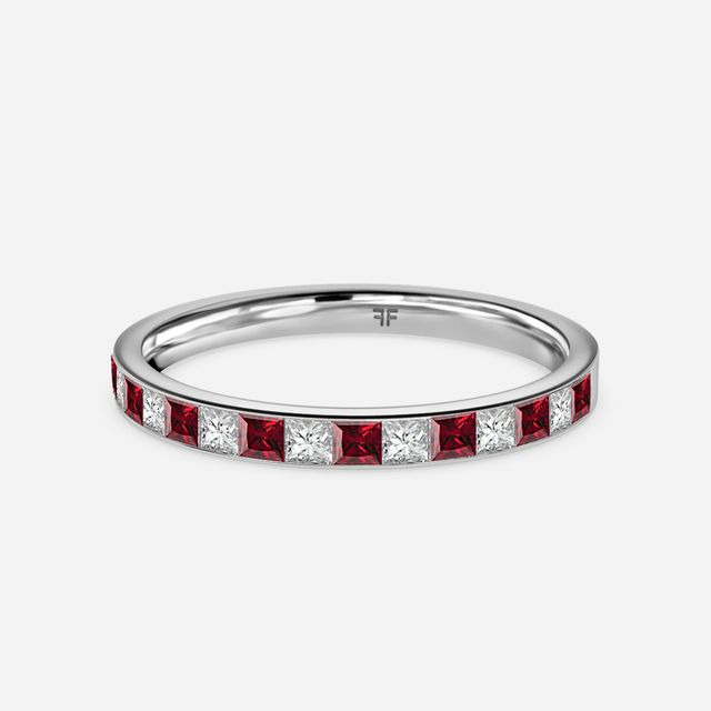 Princess Cut Ruby And Diamond White Gold Wedding Ring