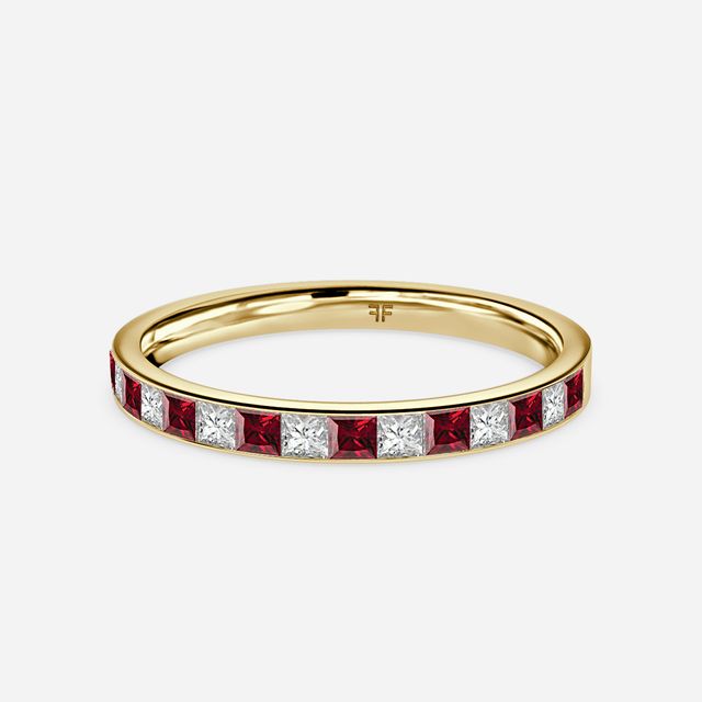 Princess Cut Ruby And Diamond Yellow Gold Wedding Ring