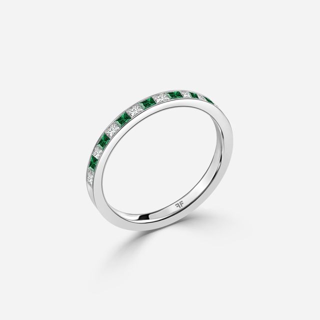 Princess Cut Emerald And Diamond White Gold Wedding Ring